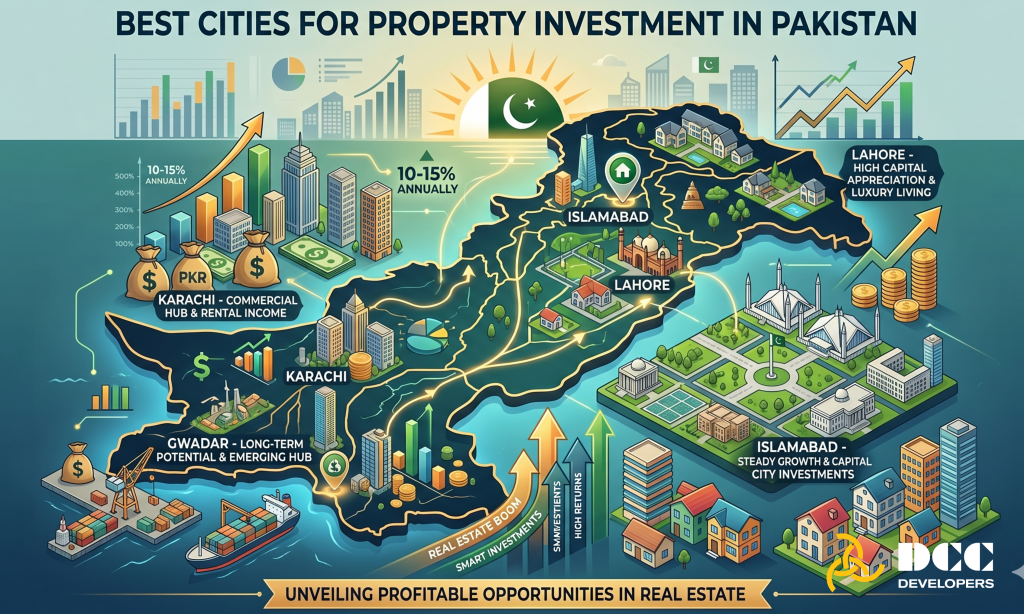 Best Cities for Property Investment in Pakistan - Map showing Islamabad, Lahore, Karachi, Gwadar, Multan, and Faisalabad