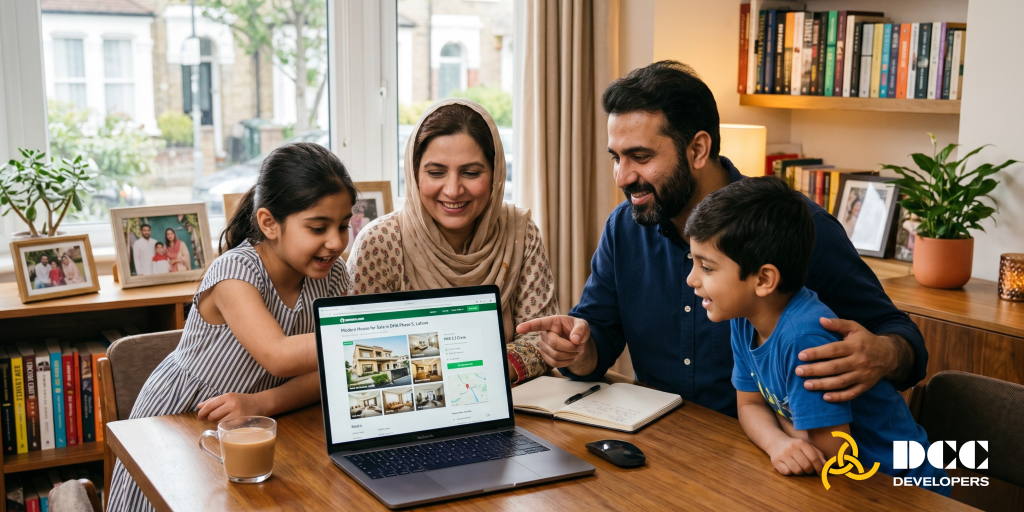 Overseas Pakistani family exploring property investment in Pakistan on laptop