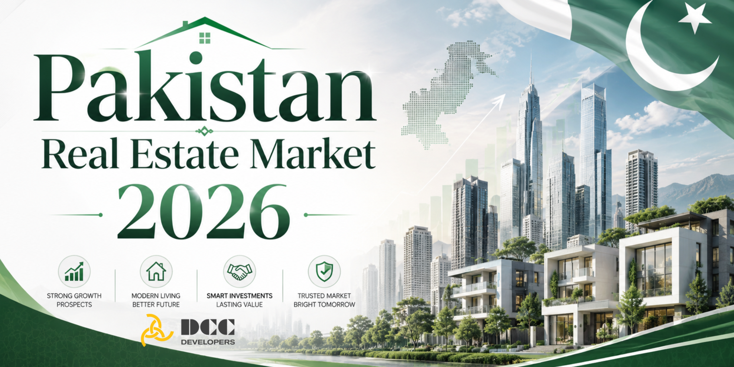 Pakistan Real Estate Market 2026 with modern city skyline and apartment buildings