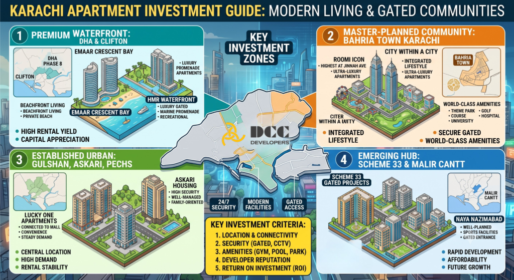 Karachi apartment investment guide showing modern residential buildings and gated communities