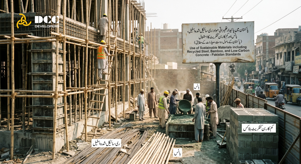 Sustainable construction materials including recycled steel, bamboo, and low-carbon concrete