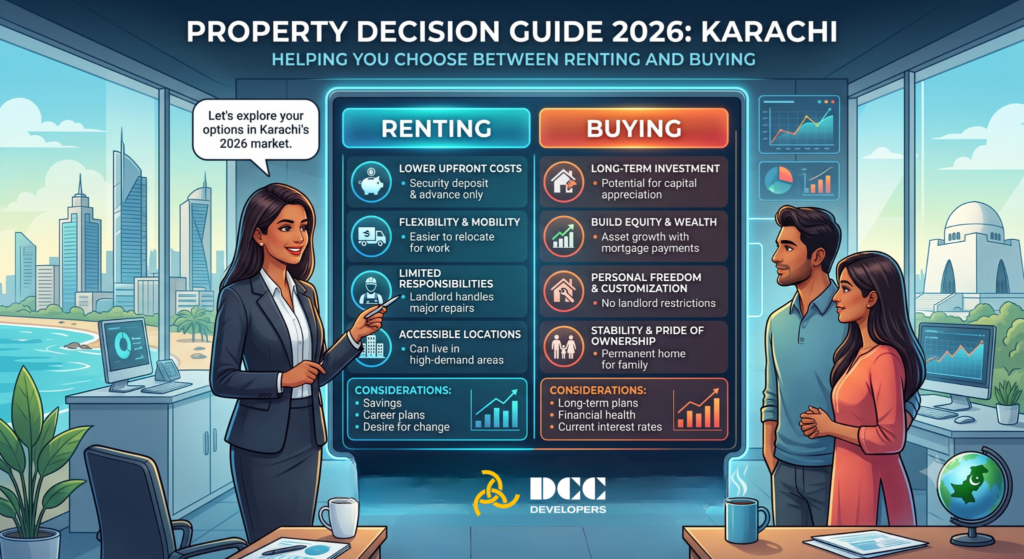 Property decision guide 2026 helping users choose between renting and buying in Karachi real estate market, 