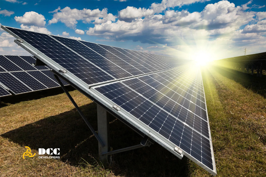 Green building equipped with solar panels and renewable energy solutions