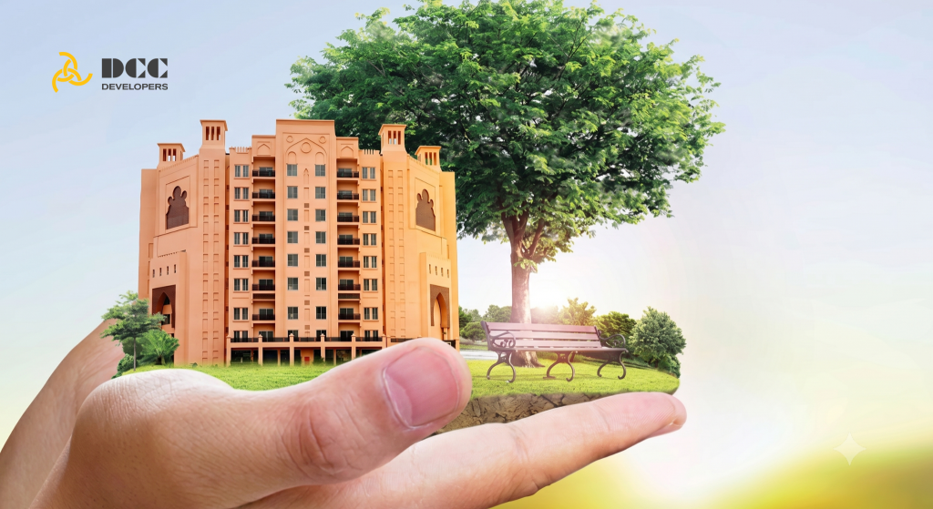 Sustainable building with eco-friendly construction materials and smart energy systems