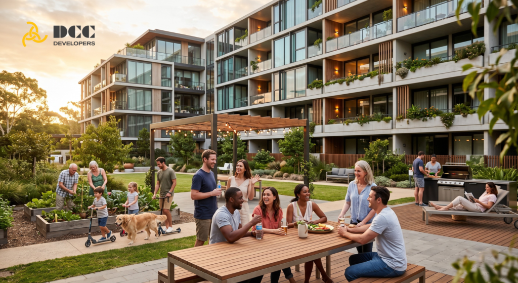 Residents enjoying community living in a modern apartment complex