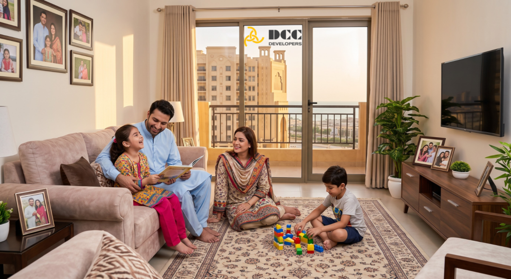 Family enjoying a comfortable apartment living lifestyle in Pakistan