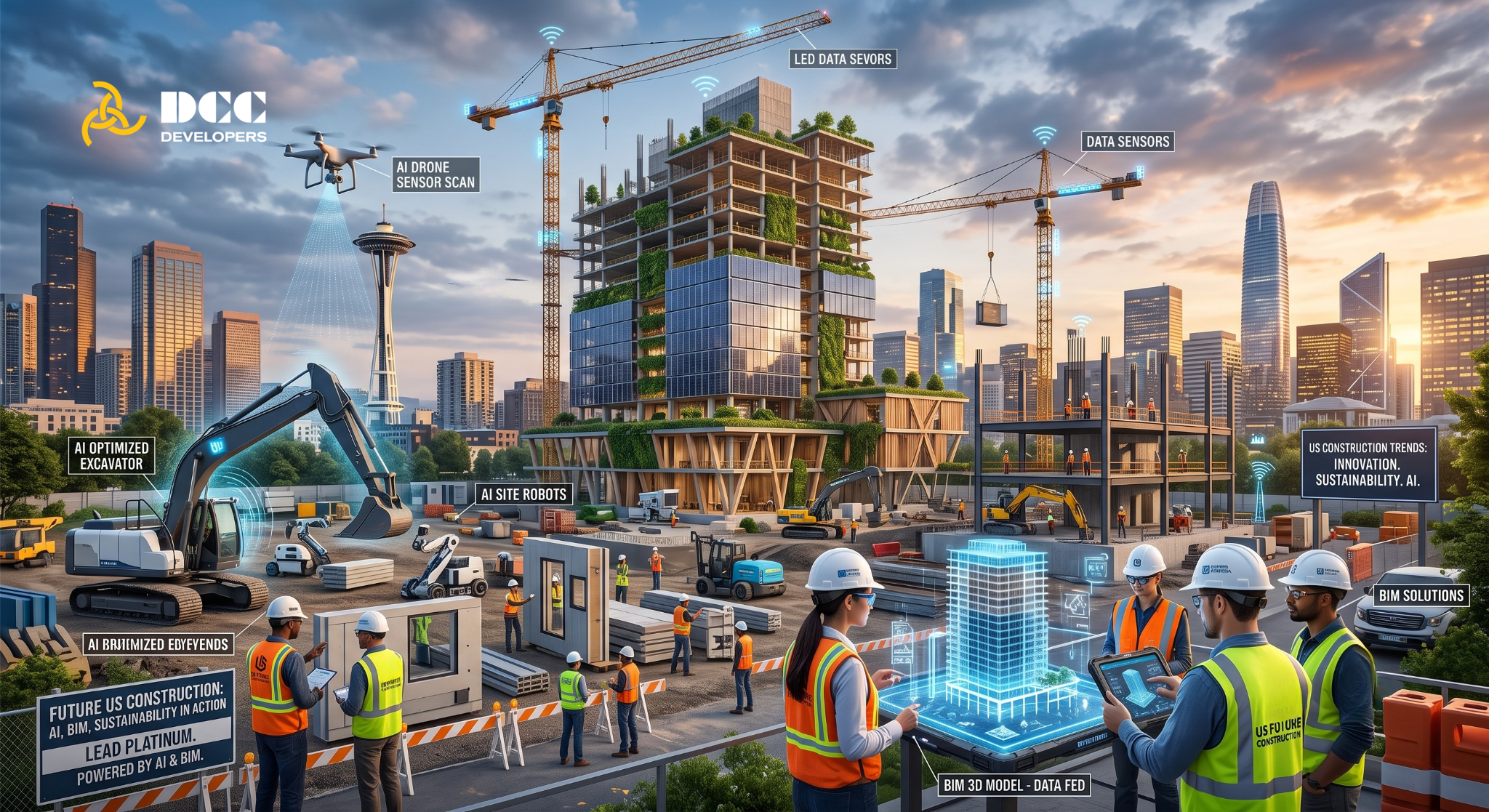 Future trends in the US construction industry including AI, BIM, and sustainable construction